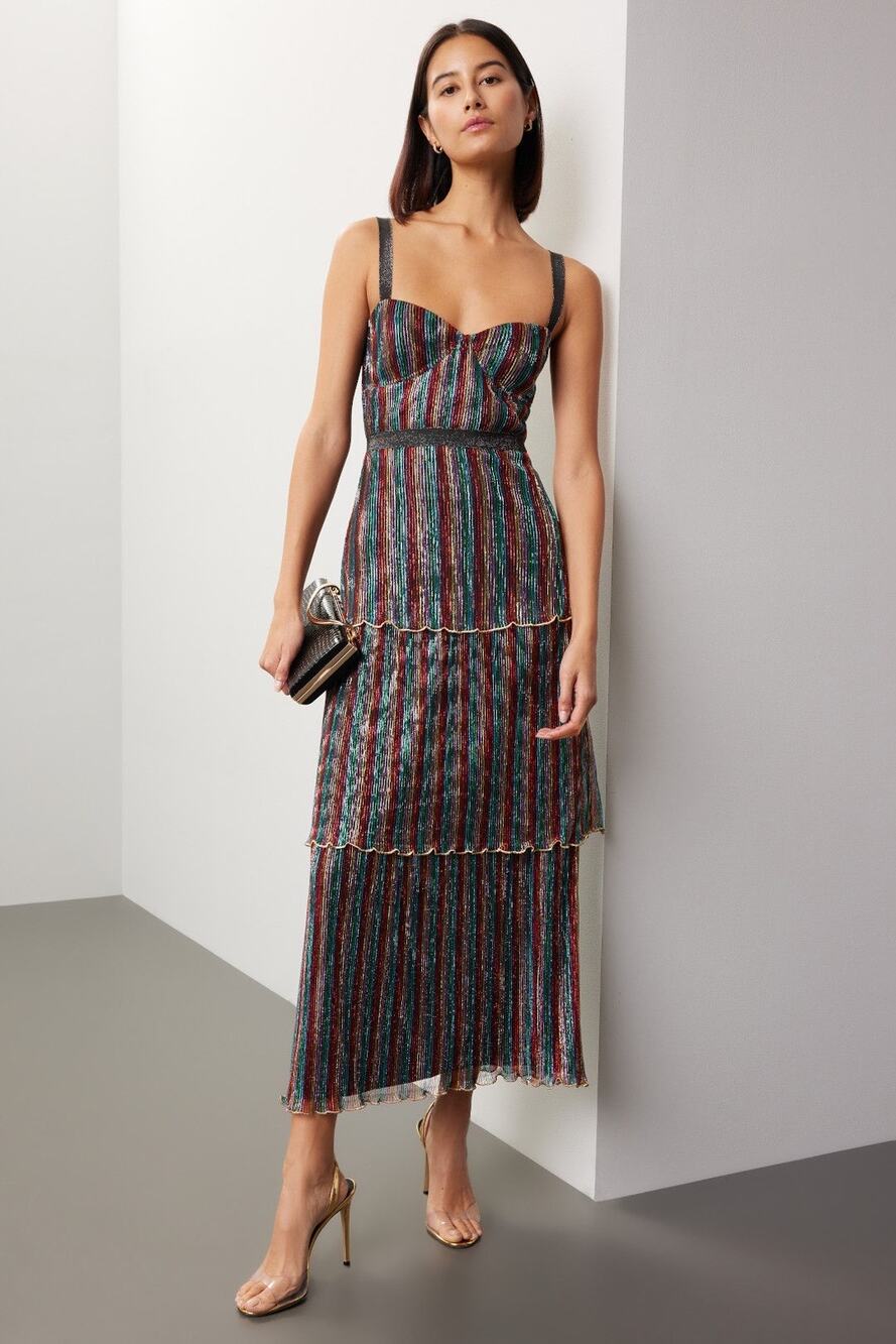 Saylor Aviva Black Rainbow Striped Metallic Sweetheart Tiered Midi Dress XS